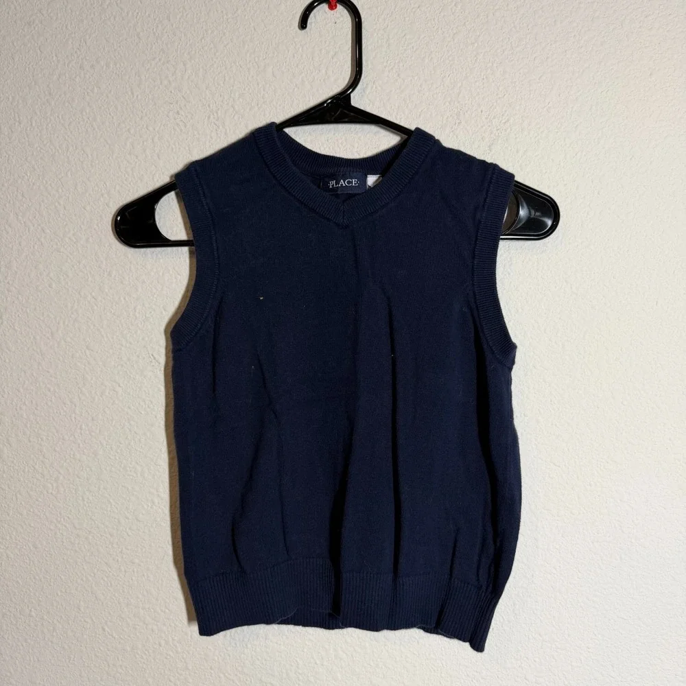 The Children's Place Sweater Vest Boy Medium (7/8) Blue Tight Knit Ribbed V Neck